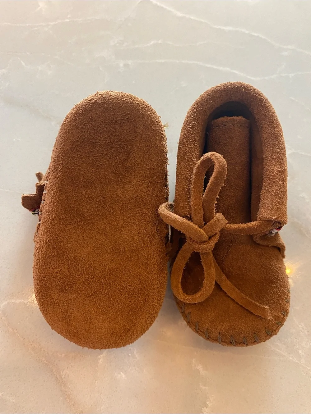 Minnetonka Baby Brown Suede Moccasins with Multicolor Trim - tribal - size 2